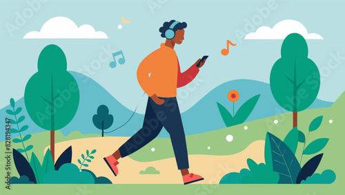 A person walking through nature headphones on listening to a playlist of uplifting and empowering songs. The lyrics and melodies give them a renewed sense of hope and help them. Vector illustration © Justlight