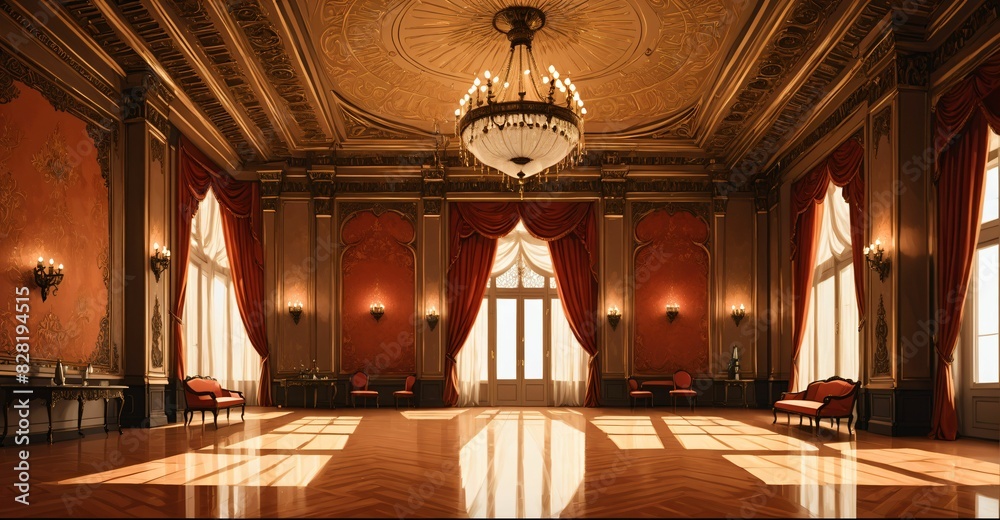 Obraz premium ballroom palace castle room interior. empty with light fixtures with chandelier and reflections in floor.