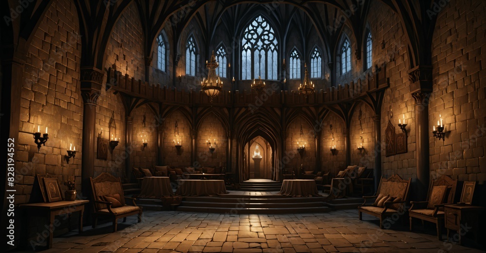 Obraz premium gothic castle palace building interior. goth cathedral rose art Nuevo deco window architecture with arches and torch light.