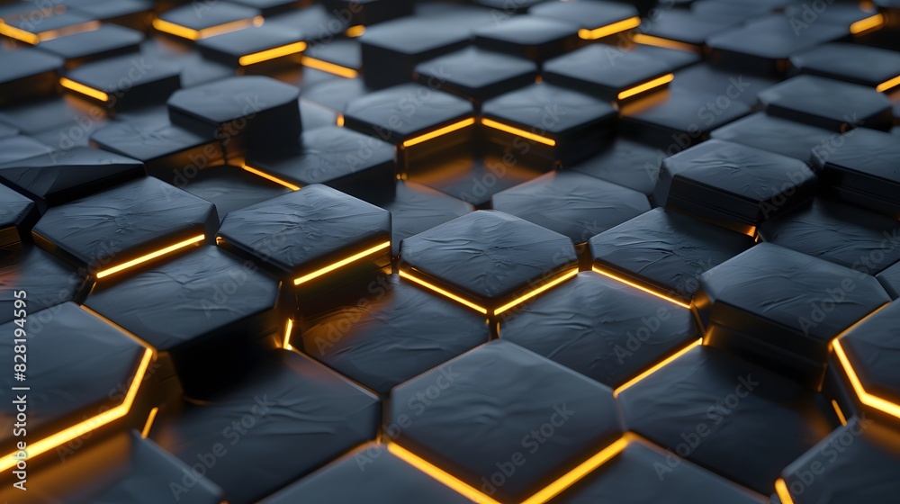 Fototapeta premium Luxury hexagonal abstract black metal background with golden light lines. Dark 3d geometric texture illustration. 