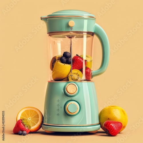 Retro blender with fresh fruit, colorful, cheerful, 70s style, photo realistic