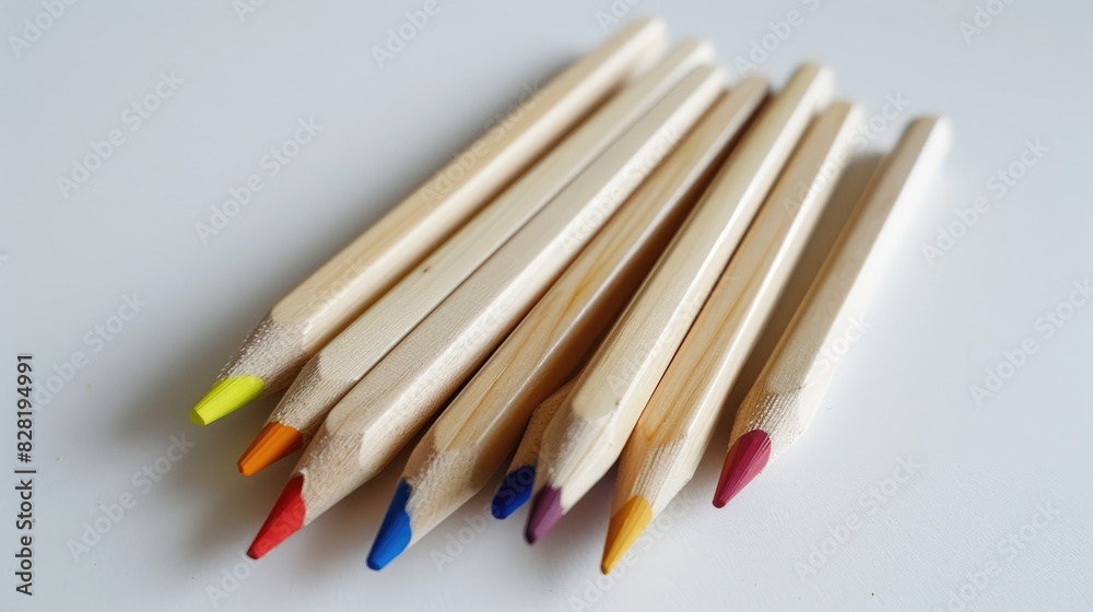 Seven wooden colored pencils spread out on a white paper surface Seven wooden colored pencils spread out on a white paper surface