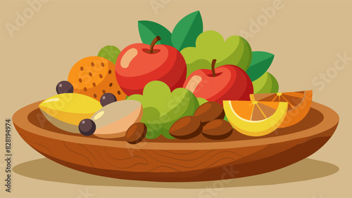 An inviting bowl of goodness filled with fresh fruits and nuts of all shapes and sizes carefully arranged on a rustic wooden platter.. Vector illustration