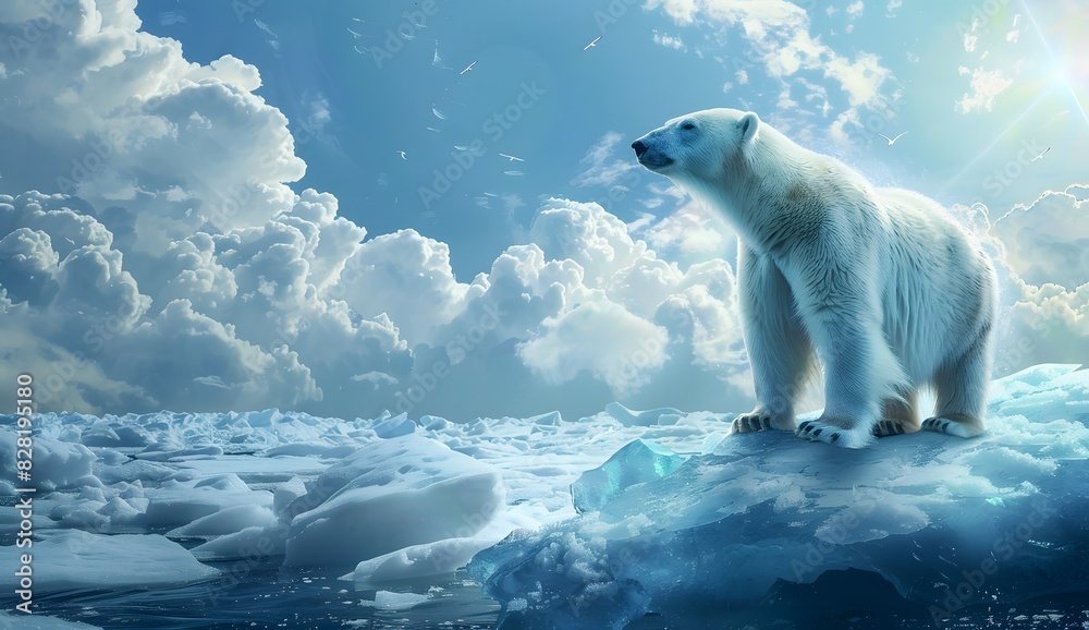Polar bear standing on melting ice floes, surrounded by arctic landscapes Polar bear standing on melting ice floes, surrounded by arctic landscapes