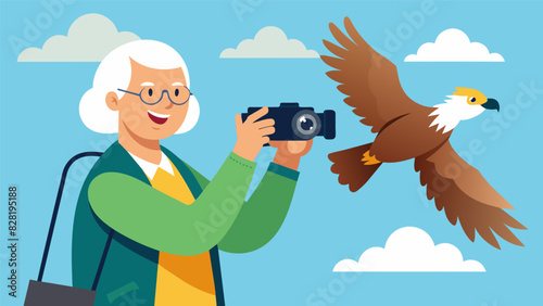 A smiling elder with a le in her eye carefully adjusts her camera settings ready to capture the magnificence of a bald eagle soaring overhead.. Vector illustration