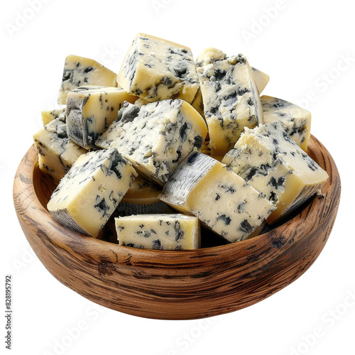 psd set of sliced blue cheese in a wooden bowl isolated on transparent background photo