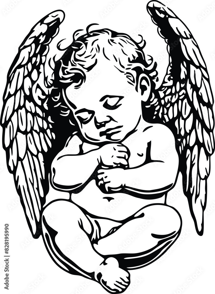 Sleeping baby angel black and white illustration outline silhouette