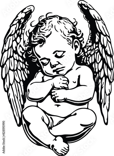 Sleeping baby angel black and white illustration outline silhouette