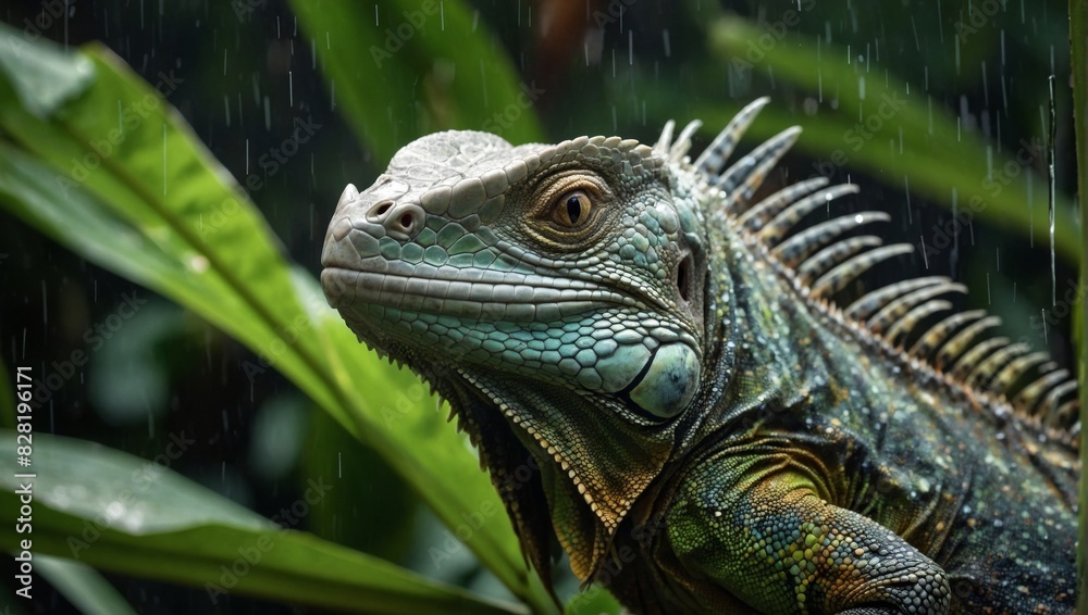 Obraz premium Majestic Iguana in a Rainforest Habitat: Nature's Exotic Beauty