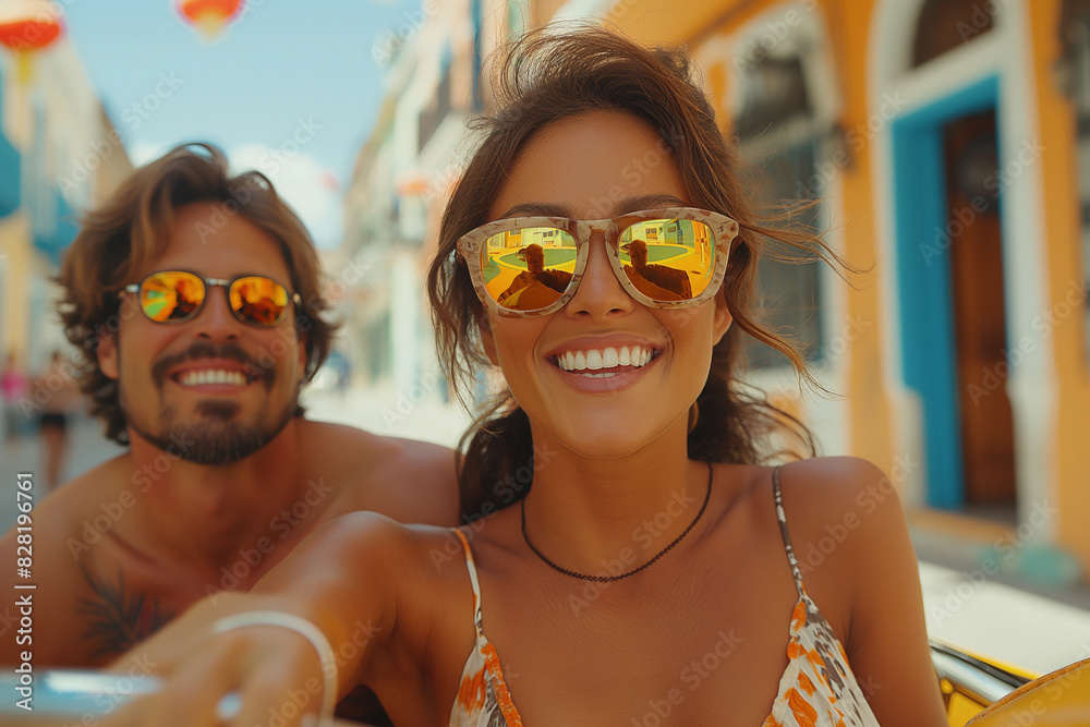 Happy Young Couple in Sunglasses Driving Cabriolet Car on Sunny Day
Happy Young Couple in Sunglasses Driving Cabriolet Car on Sunny Day