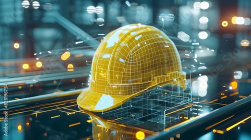 Architect dons yellow hard hat. Holographic blueprint glows. High-tech lighting creates futuristic ambiance. Various visual styles. © Kittipong