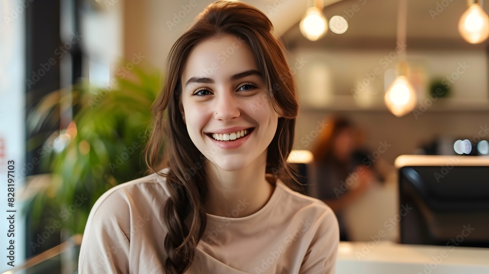 Friendly Young Receptionist Smiling and Working at Her Desk in a Modern Office Environment