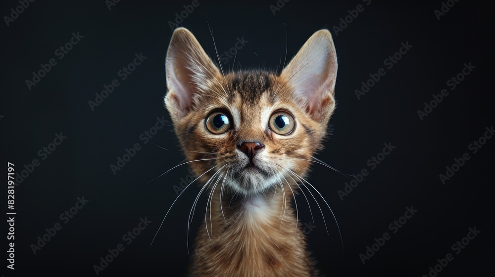 Inquisitive Abyssinian Kitten Poses for Close up Photo on Black Background Inquisitive Abyssinian Kitten Poses for Close up Photo on Black Background