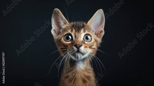 Inquisitive Abyssinian Kitten Poses for Close up Photo on Black Background