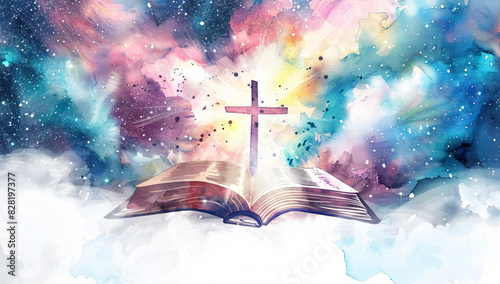 Watercolor painting of an open Bible with the cross