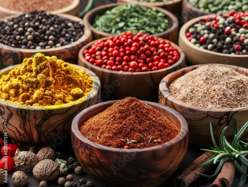 An assortment of colorful spices in wooden bowls close up, culinary, vibrant, Overlay, rustic kitchen backdrop