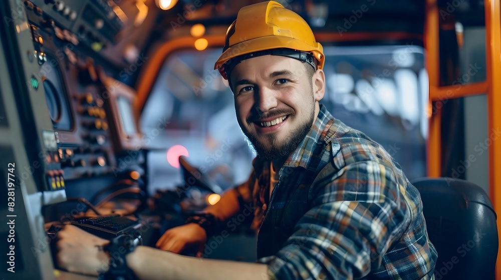 Happy Young Machinery Operator in Control Panel A Portrait of Industrial Excellence Happy Young Machinery Operator in Control Panel A Portrait of Industrial Excellence