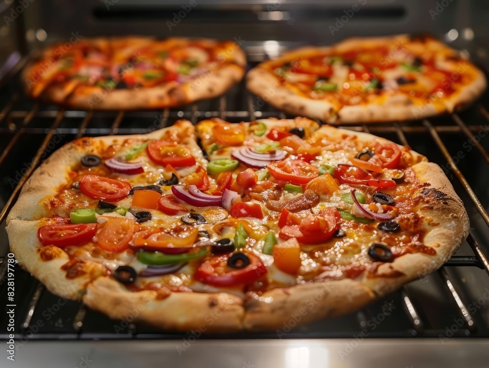 A gourmet pizza fresh out of the oven with toppings focus on, food, vibrant, Fusion, kitchen backdrop
