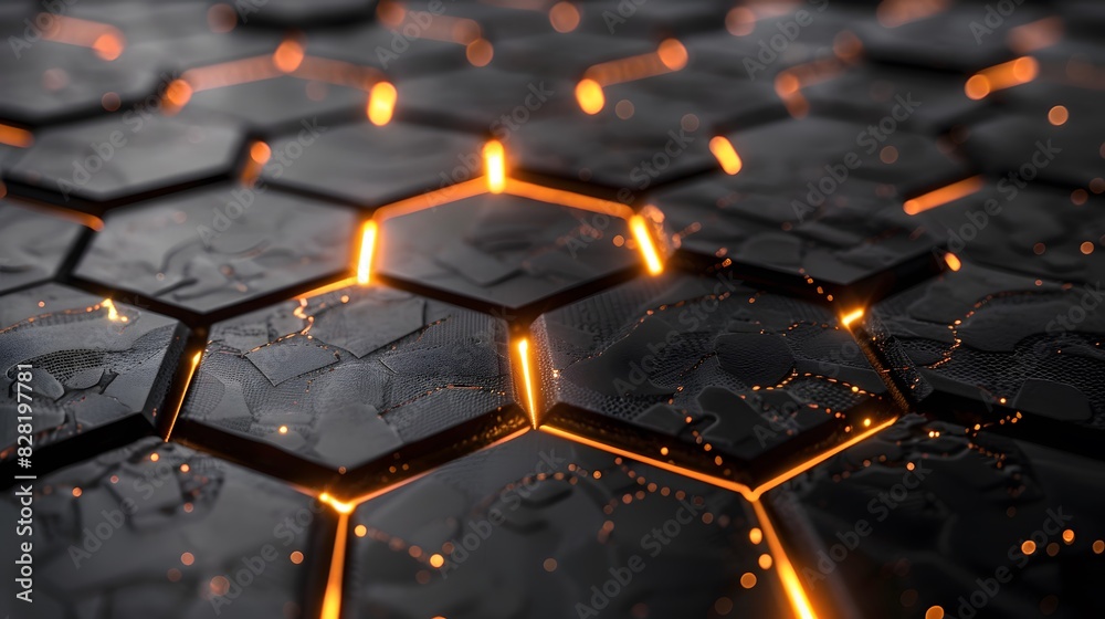 Luxury hexagonal abstract black metal background with golden light lines. Dark 3d geometric texture illustration. Luxury hexagonal abstract black metal background with golden light lines. Dark 3d geometric texture illustration.