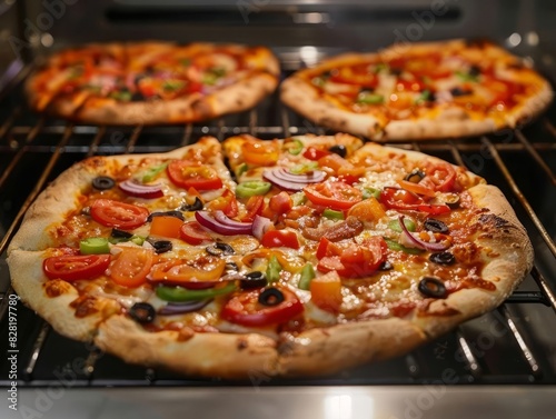 A gourmet pizza fresh out of the oven with toppings focus on, food, vibrant, Fusion, kitchen backdrop