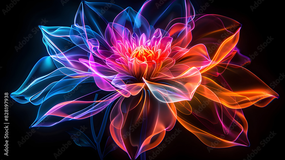 Neon light drawing of abstract shape flowers on black background, glowing line art, vibrant radiance of neon flower. Neon light drawing of abstract shape flowers on black background, glowing line art, vibrant radiance of neon flower.
