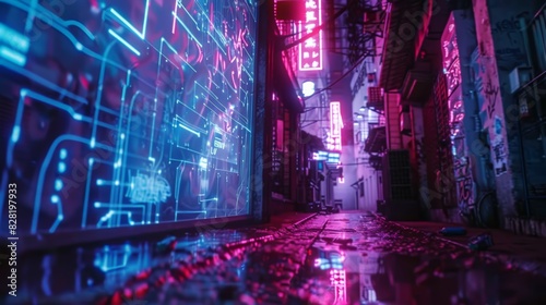 A futuristic neon-lit alleyway with digital screens and reflections on wet surfaces  capturing a cyberpunk urban atmosphere.