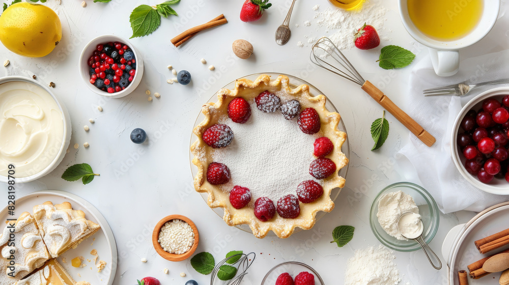 Top view of a delicious homemade cherry pie surrounded by baking ingredients and fresh berries on a white table, ready for baking. Top view of a delicious homemade cherry pie surrounded by baking ingredients and fresh berries on a white table, ready for baking.
