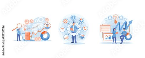 Businessman analyzing trading charts. Improve business strategies. Developing business ideas in the office. Business Intelligence concept. Set flat vector illustration.