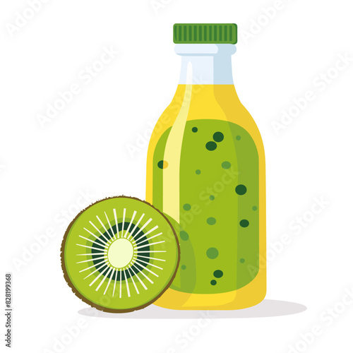 A bottle of green kiwi juice with a straw sits next to a sliced kiwi fruit