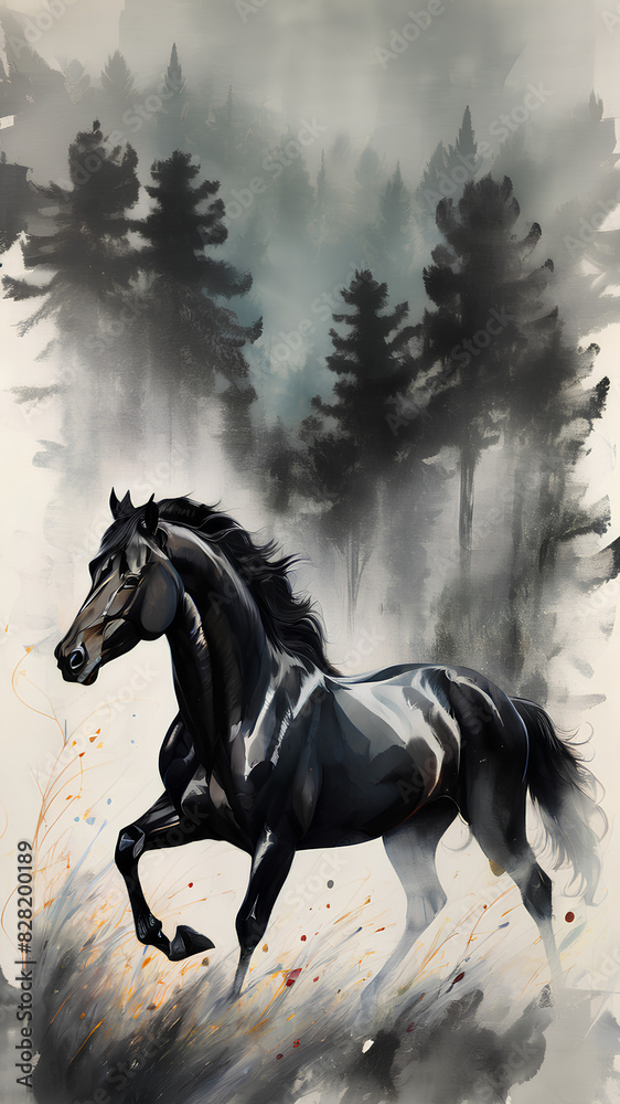 AI image generate black stallion arabic calligraphy painting