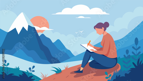 A person journals on a mountaintop surrounded by breathtaking views and fresh air allowing the natural surroundings to bring clarity to their thoughts.. Vector illustration