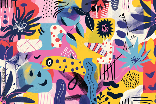 Whimsical abstract pop style illustration featuring cartoon motifs and lively colors.