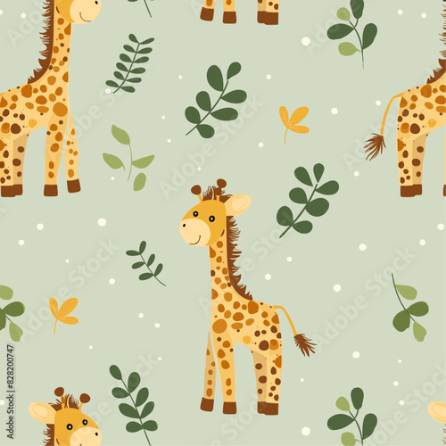 A fabric design with silhouettes of giraffes and scattered leaves