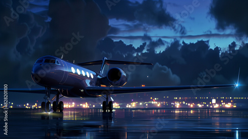 A corporate plane taxis on a runway, drama, night, sky, city lights, private aviation, a rich executive or celebrity travel- Gulfstream