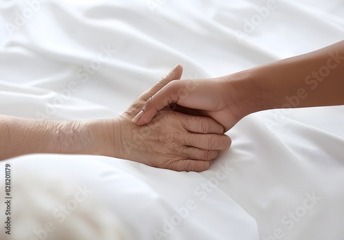 Hand of a young woman holding the hand of an elderly person lying in bed, showing care and support