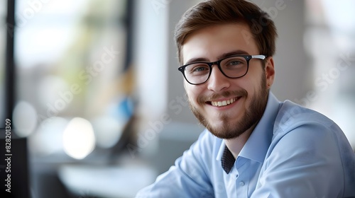 Smiling Young Professional Risk Manager Working Confidently on Laptop in Corporate Office