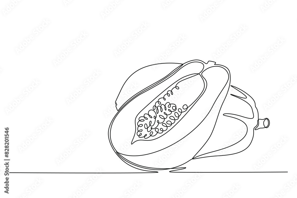 Continuous one line drawing of half sliced and whole healthy organic papayas for orchard logo. Freshness summer fruitage concept fruit garden icon. Single line draw design vector graphic illustration Continuous one line drawing of half sliced and whole healthy organic papayas for orchard logo. Freshness summer fruitage concept fruit garden icon. Single line draw design vector graphic illustration