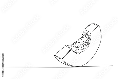 Continuous one line drawing of sliced healthy organic papaya for orchard logo identity. Slice of freshness fruitage concept for fruit garden icon. Single line draw design vector graphic illustration