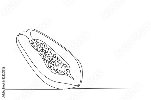 Continuous one line drawing of half sliced healthy freshness organic papaya for orchard logo identity. Fresh fruitage concept for fruit garden icon. Single line draw design vector graphic illustration
