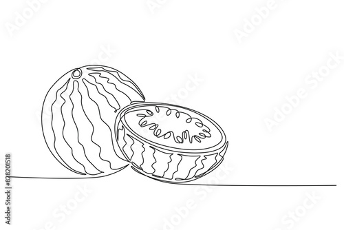 Continuous one line drawing of sliced and whole healthy organic watermelon for orchard logo identity. Fresh fruitage concept for fruit garden icon. Single line draw design vector graphic illustration