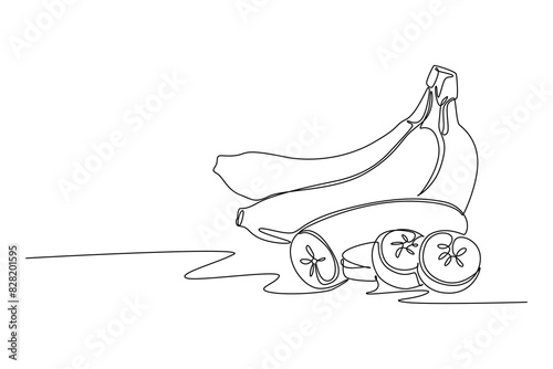 Single continuous line drawing whole and sliced of healthy organic banana for orchard logo identity. Fresh tropical fruitage concept fruit garden icon. One line draw graphic design vector illustration
