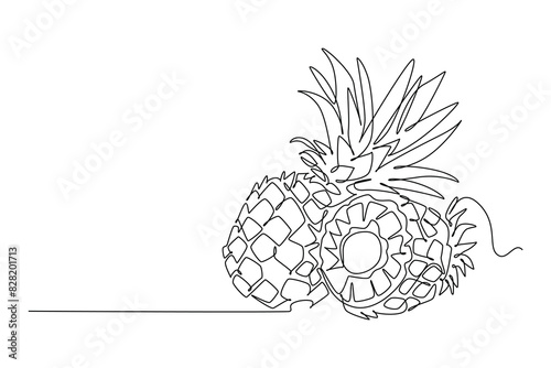 Single one line drawing whole healthy organic pineapple for orchard logo identity. Fresh summer fruitage concept for fruit garden icon. Modern continuous line draw design graphic vector illustration