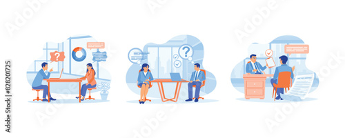 The company recruits workers. Job seeker has a job interview in an office. Good impression after the interview. Job interview concept. Set flat vector illustration.