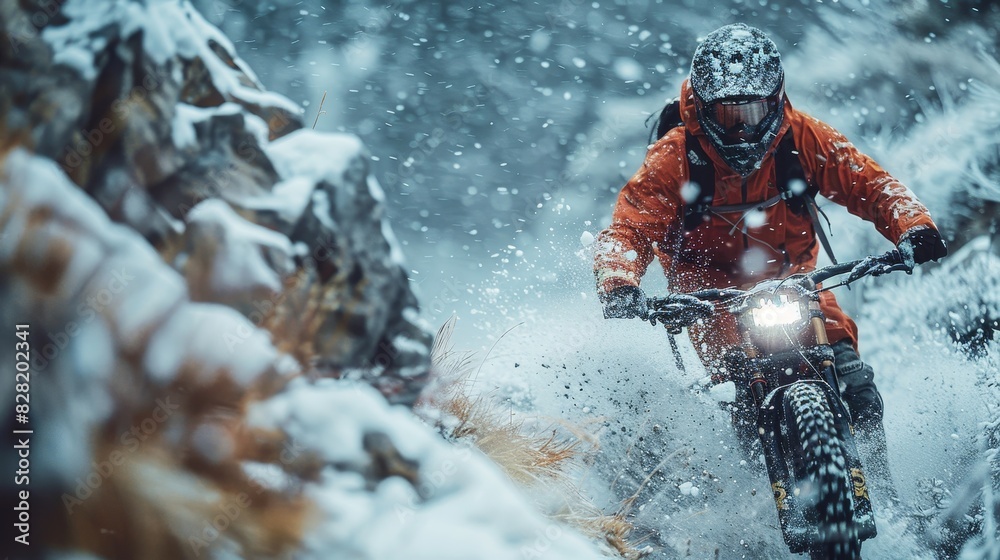 Fototapeta premium A man is riding a bike in the snow with his helmet on
