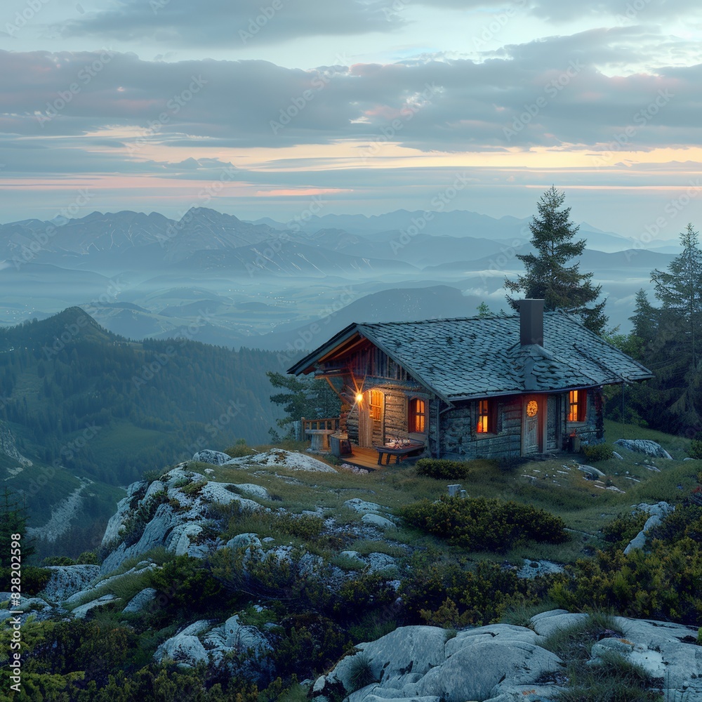 Fototapeta premium Cozy mountain cabin at dawn with glowing lights, surrounded by misty valleys and lush pine trees offering serene and picturesque landscape.