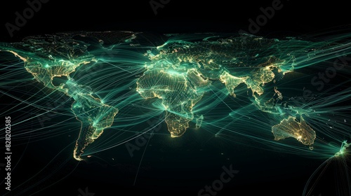 Global Air Routes: Capture a map displaying global air routes with interconnected lines, airplanes in flight, and major hubs highlighted. Emphasize the vast network and connectivity of international a