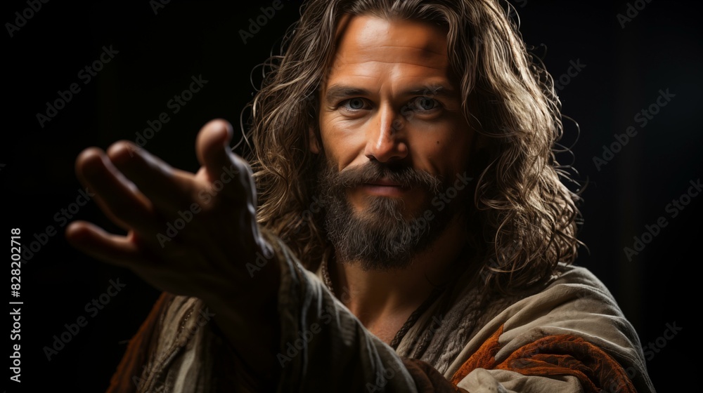 Fototapeta premium Jesus Christ showing his hand over black background