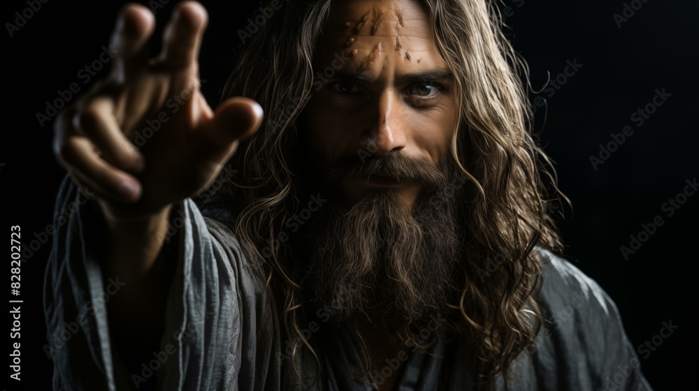 Jesus Christ showing his hand over black background Jesus Christ showing his hand over black background