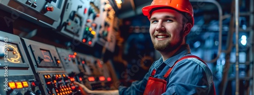 Young Machinery Operators Joyful Expression Controls the Levers of Industrial Progress photo