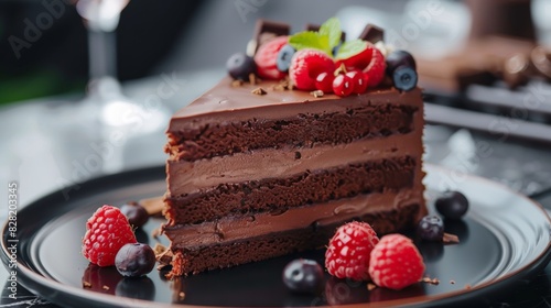 Delicious slice of chocolate cake garnished with fresh berries on a black plate. Perfect dessert for any occasion.